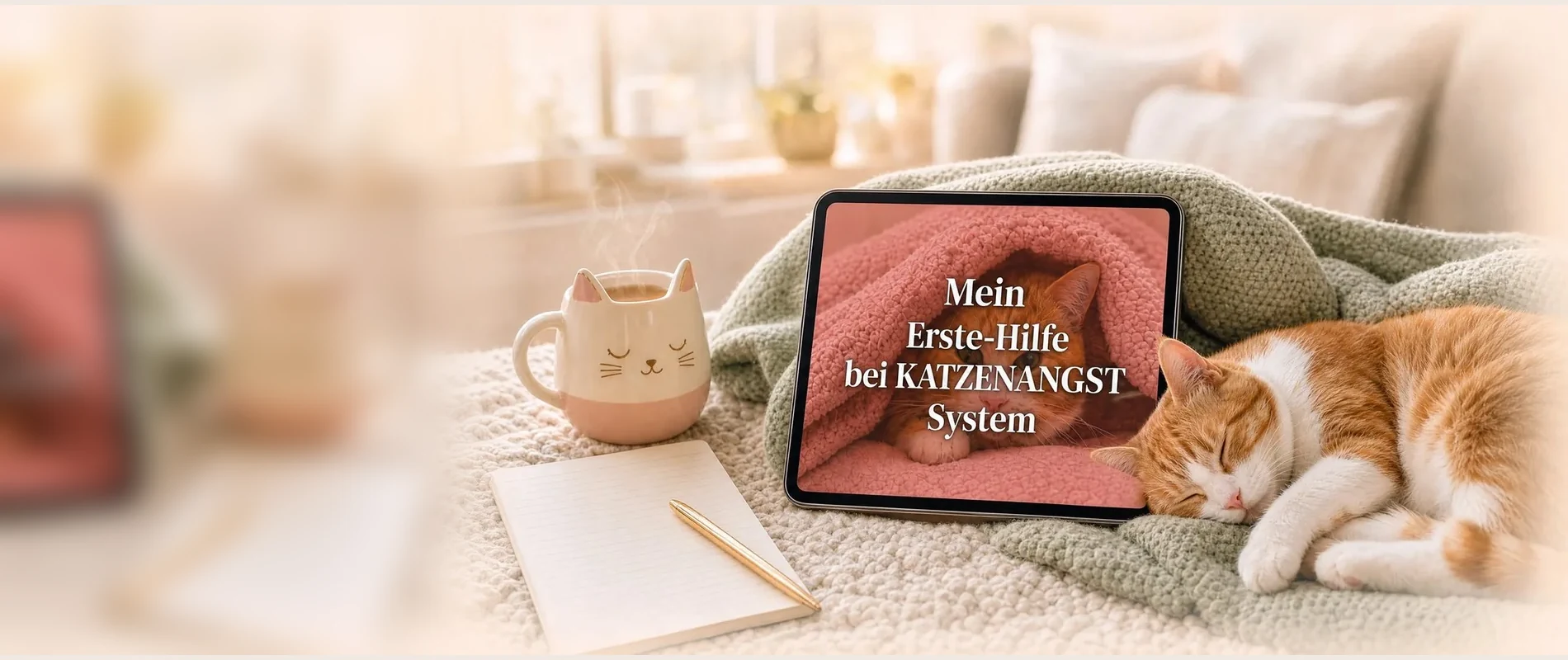 Das Erste-Hilfe bei Katzenangst System auf einem Tablet, daneben eine entspannt schlafende rot-weiße Katze und eine Katzen-Tasse