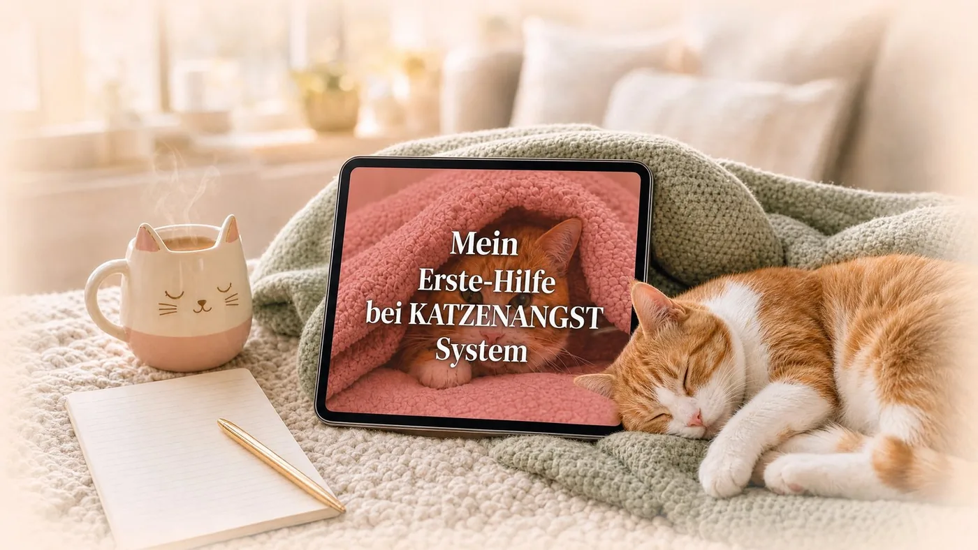 Das Erste-Hilfe bei Katzenangst System auf einem Tablet, daneben eine schlafende Katze