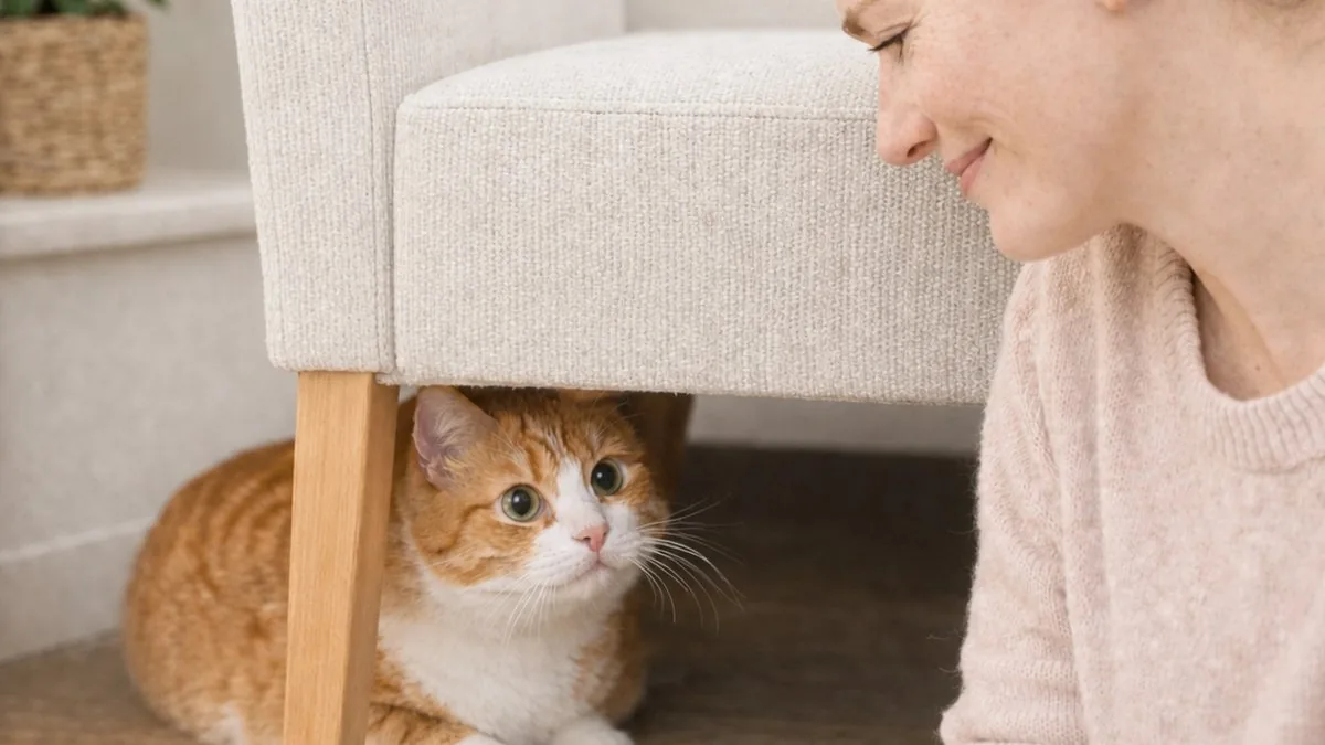 Katze unter dem Sessel, die Katzenmama bleibt auf Abstand