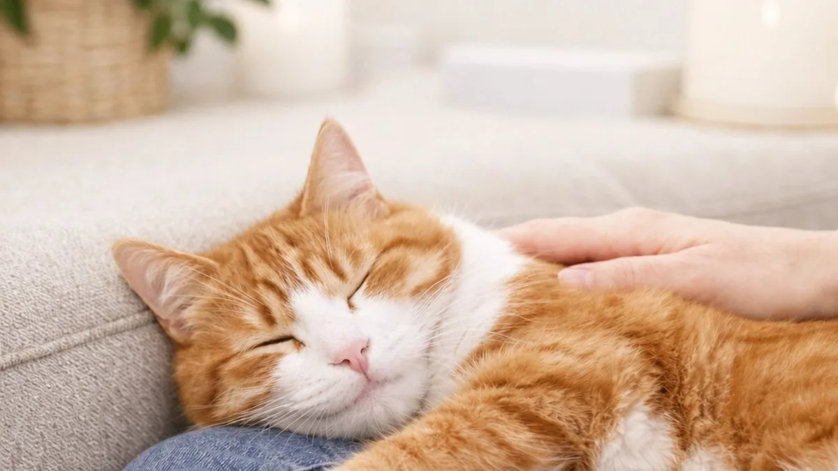 Entspannte Katze schläft auf dem Schoß