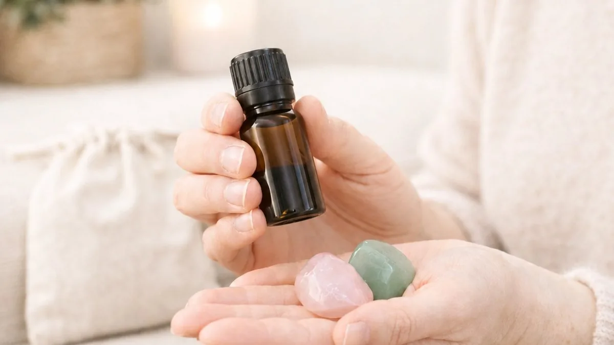 Fläschchen und Heilsteine in der Hand