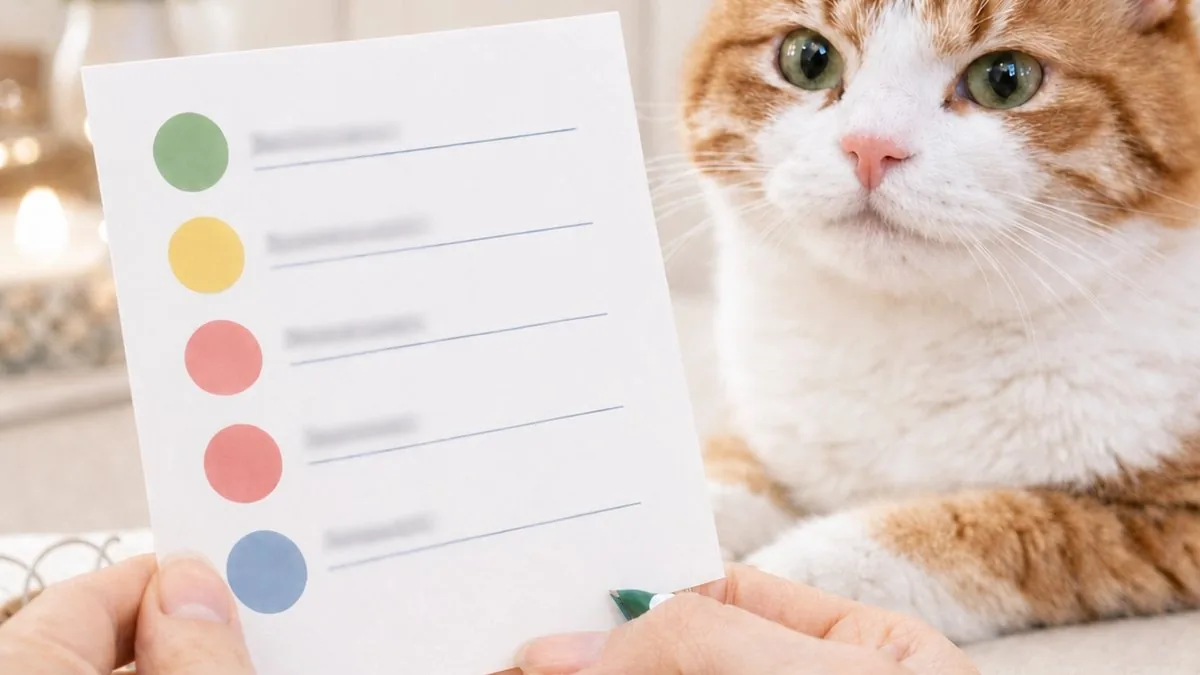 Checkliste mit den farbigen Stufen, die Katze schaut zu