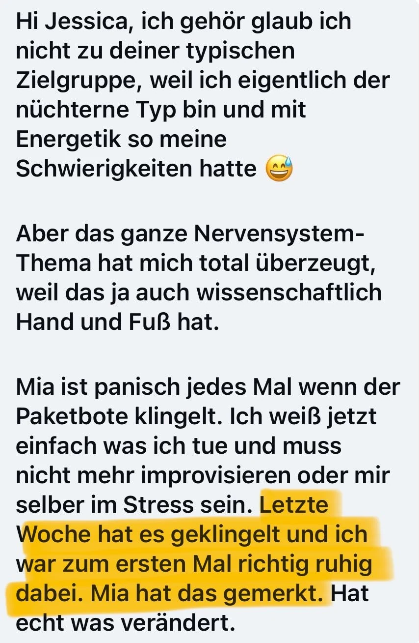 Nachricht einer Kundin, die sich als nüchternen Typ beschreibt: Das Nervensystem-Thema hat sie überzeugt, und beim Klingeln des Paketboten war sie zum ersten Mal richtig ruhig